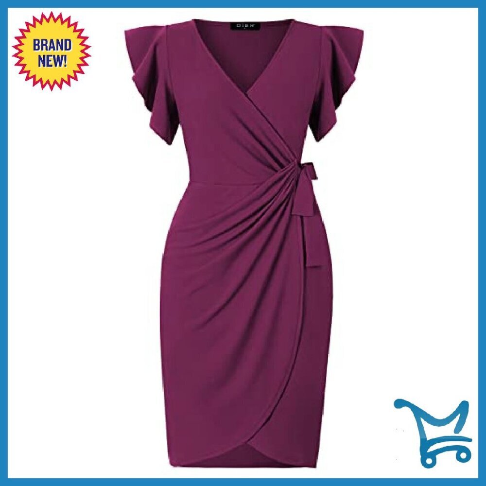 Faux Wrap Dress Deep V Neck Ruffle Sleeve Sheath Cocktail Party Work - Picture 4 of 5